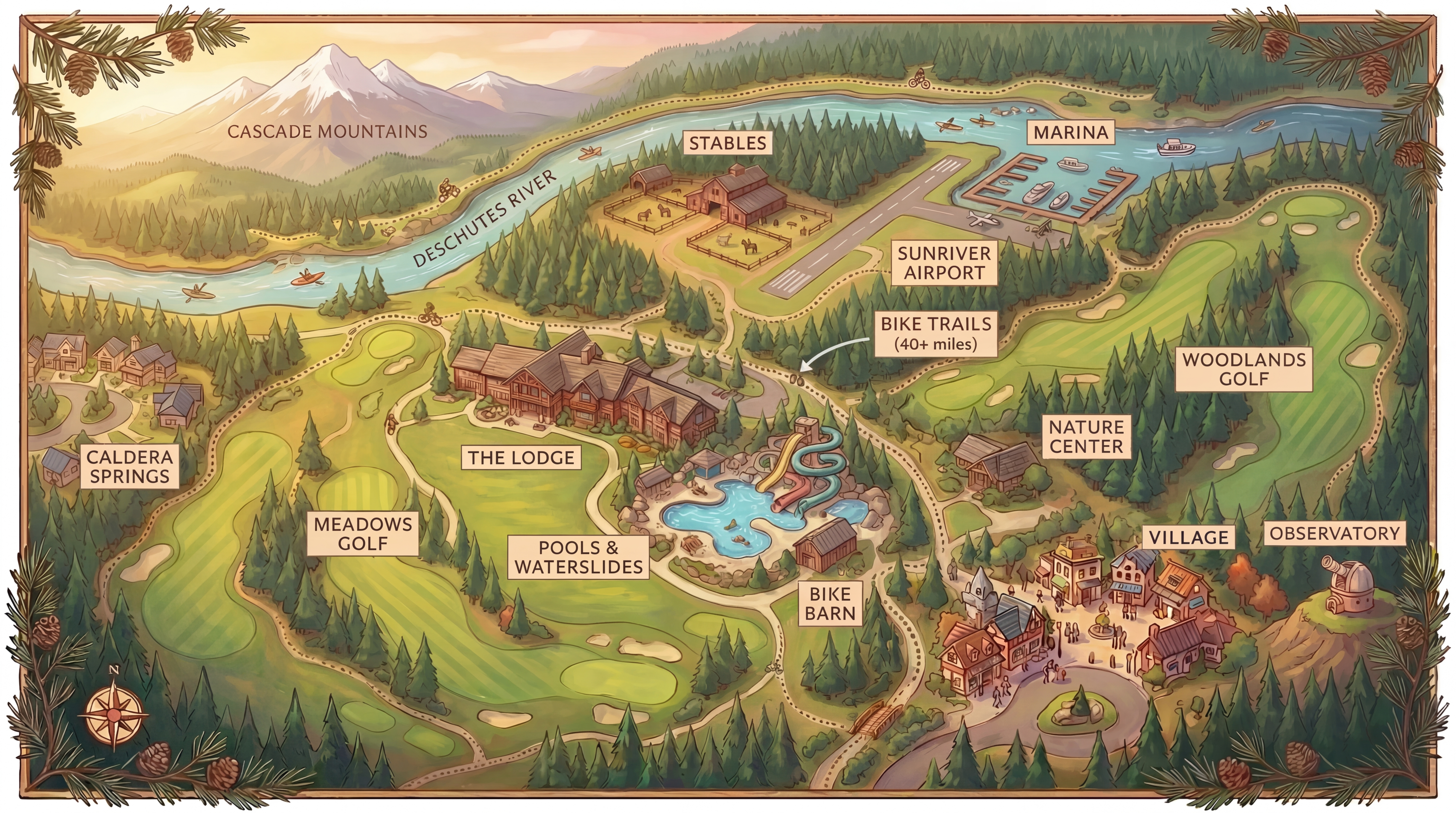 Illustrated map of Sunriver Resort showing the lodge, pools, golf courses, bike trails, marina, stables, observatory, and village